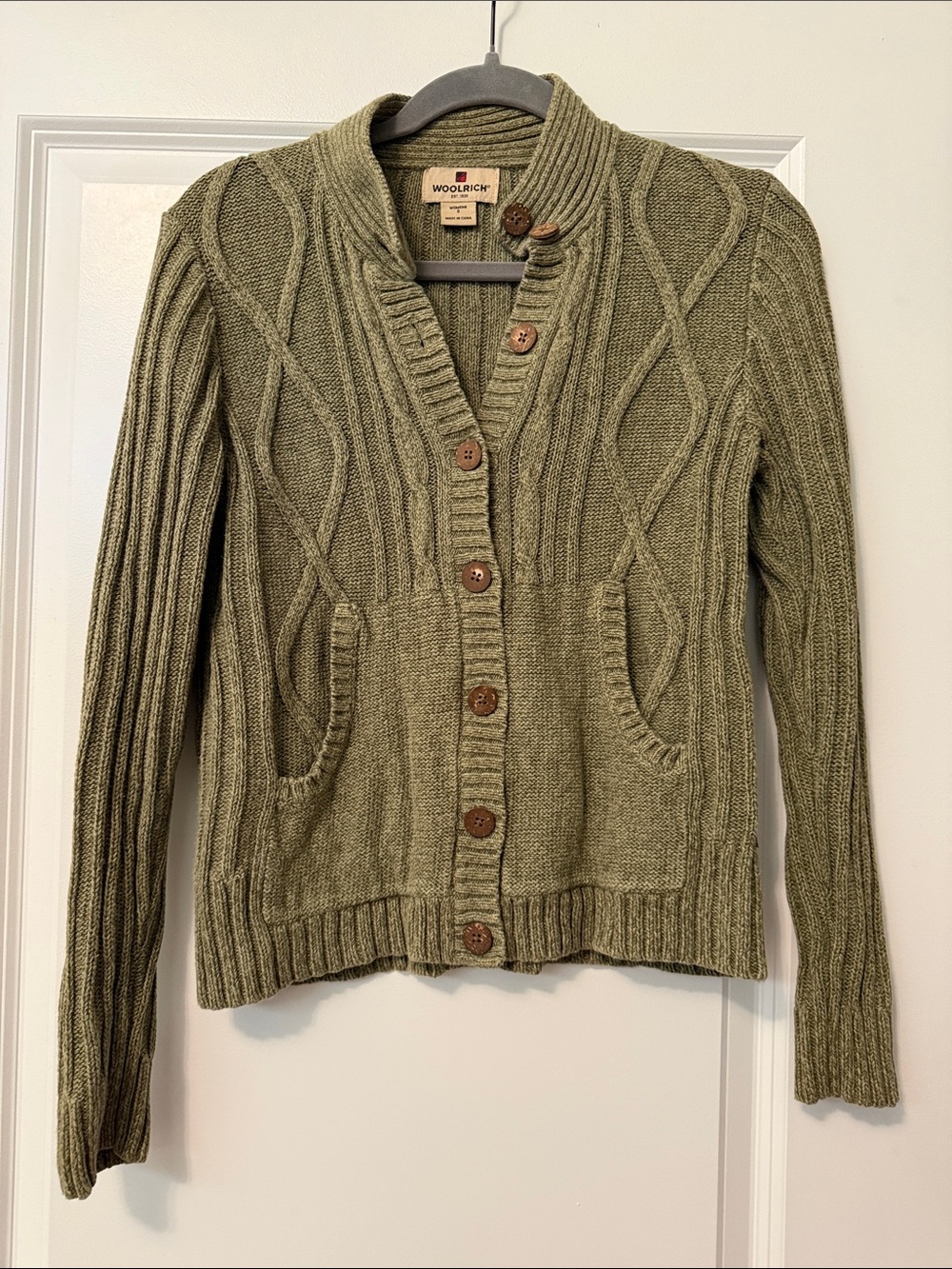 Woolrich Olive Cable-Knit Button-Up Cardigan